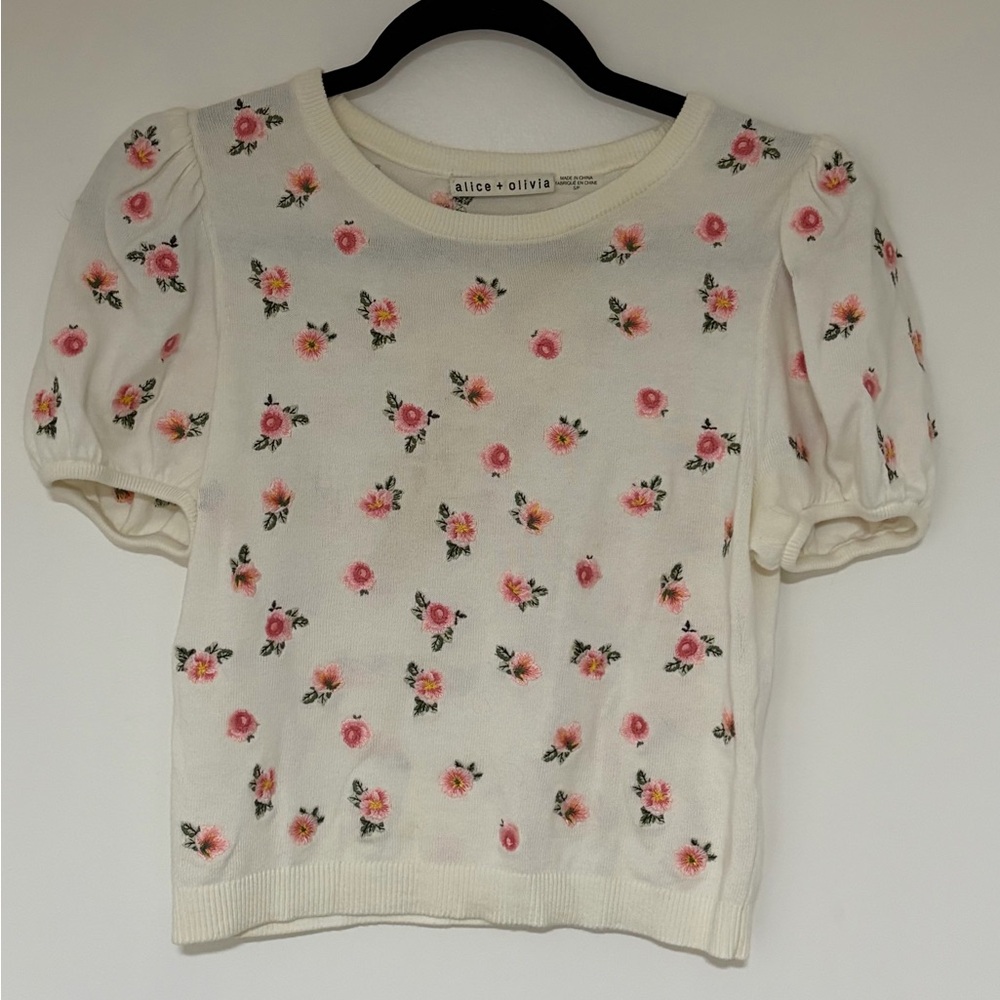 Alice + Olivia Risa Floral Embroidered Puff Sleeve Knit Top Size Small